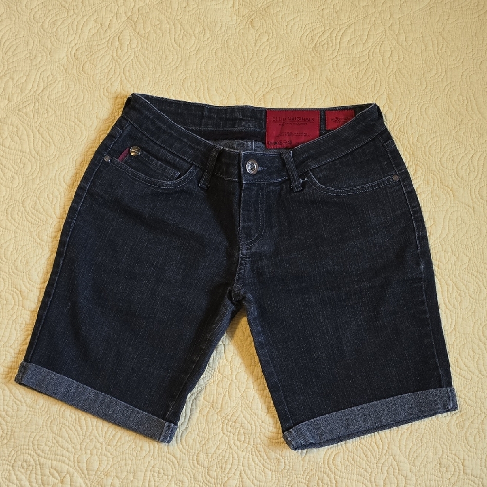 Dark Wash Denim Bermuda Shorts - Rolled Hem
